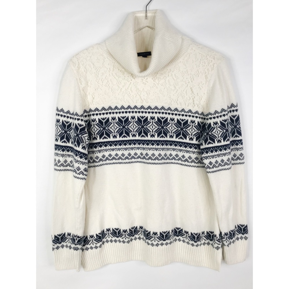 Talbots Sweater Womens Large Ivory Blue Fair Isle Turtleneck Lace Nordic Scandi